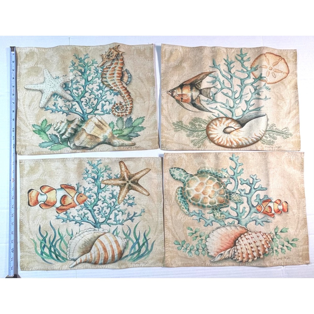 Sydney Wright Placemats Set of 4 Tan Coastal Sea Life Turtle Seahorse Fish 16x13